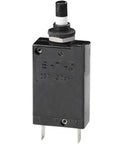 Hardcore Thermal Circuit Breaker With Push Reset Switch Designed For Panel Mount Single Pole Setups Rated At Three Amps And Two Fifty Volt AC DC Systems built tough, with black casing and push switch.