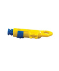 Data And Coax Cable Stripping Tool With Radial Design in yellow and blue plastic housing for RG59 RG6 CAT3 to CAT6A use.