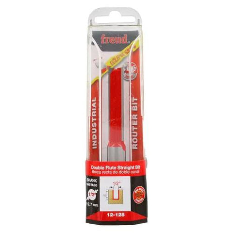 Freud Double Flute Straight Bit Eclipse Grind With Tico Hi Density Carbide in packaging, 1/2-inch diameter, for CNC routers.