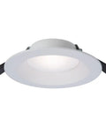Close-up view of a white Canless LED Recessed Light 6 Inch, Wet Rated With Mounting Frame, Triac Dimming To 5%, for indoor/outdoor use.