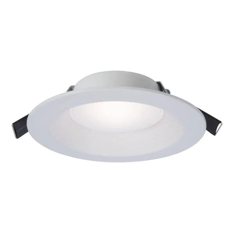 Close-up view of a white Canless LED Recessed Light 6 Inch, Wet Rated With Mounting Frame, Triac Dimming To 5%, for indoor/outdoor use.