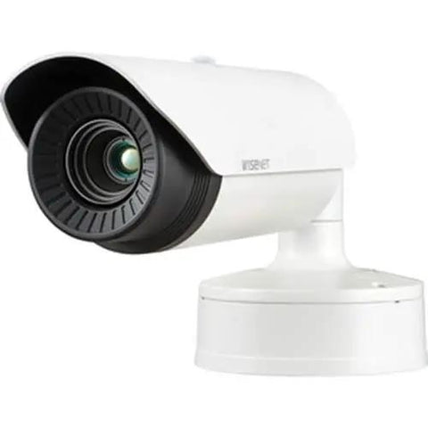 Tough As Nails Vandal Resistant Outdoor Thermal Bullet Camera With Radiometric Imaging 640 By 480 Resolution 30 Frames Per Second And Smart Motion Tracking For Zero Hassle Security mounted on a white surface