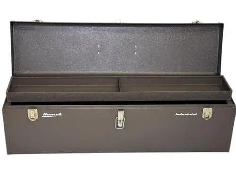 Front view of 32-Inch Industrial Steel Toolbox With Brown Wrinkle Powder Coat, Padlockable Security, Steel Tool Tray Included, Heavy-Duty