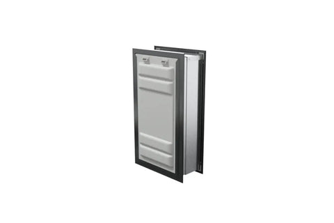 Heavy Duty Wall Mounted Pet Door With Hella Windproof Double Flaps Kick Out Drafts Block Gusts Up To Fifty MPH Magnet Sealed For Energy Savings Includes Rock Solid Steel Tunnel Xl Matte Black showing the insulated flaps and sturdy frame.