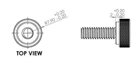 Diagram of Five Pack 1/4-20 Knurled Shoulder Brass Thumb Screws with Flat Tip, showing top and side views and measurements.