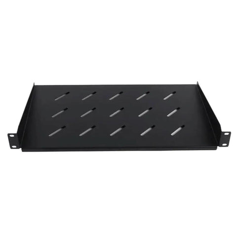 Heavy Duty Vented Cantilever Tray For 1U Rack Mount Server Shelf features a sturdy black metal design with ventilation slots.