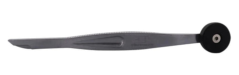 11 Inch Vinyl Roller Tool With Knurl Diamond Grip And Ball Bearing Wheel For Flat Spline And Roll In Gaskets, aluminum, side view.