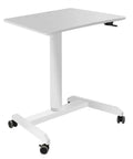 Pro Grade Aluminum Alloy Mobile Standing Desk Offering Hella Smooth Stepless Height Adjustment And Ridiculously Stable Wheeled Base, white finish.