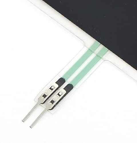 Close-up of FSR502 force sensing resistor with green flexible film and two metal leads.
