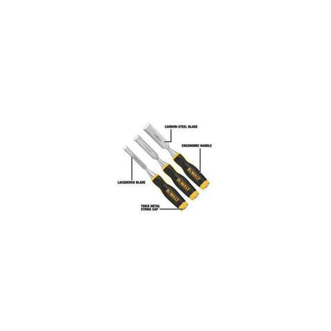 Pro Grade 3 Piece Wood Chisel Set With Tempered Carbon Steel Blades Lacquered For Rust Resistance And comfy grips for smooth cuts, showing ergonomic handles.
