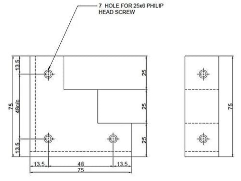 Technical diagram of Rustic Forged Iron Corner Bracket For Barn Door In Matte Black Finish 75 mm square, showing mounting hole placement.