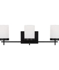 3 Light Zire Modern Bath Fixture Wall Lamp Satin Brass Vanity Light with three cylindrical white shades on steel frame