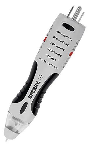 Two In One Non Contact Voltage Detector And GFCI Outlet Circuit Analyzer With 360 Degree Visual And Audible Alerts, 50 To 1000 Volt AC Range, Durable Polycarbonate Housing And Ergonomic Grip, Built Tough, showing side labels.