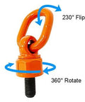 Orange swivel eye bolt hoist ring, M12x19 thread, 360° rotation, 230° flip, alloy steel