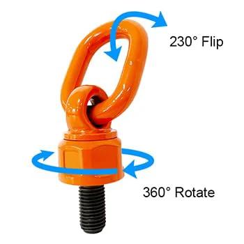 Orange swivel eye bolt hoist ring, M12x19 thread, 360° rotation, 230° flip, alloy steel