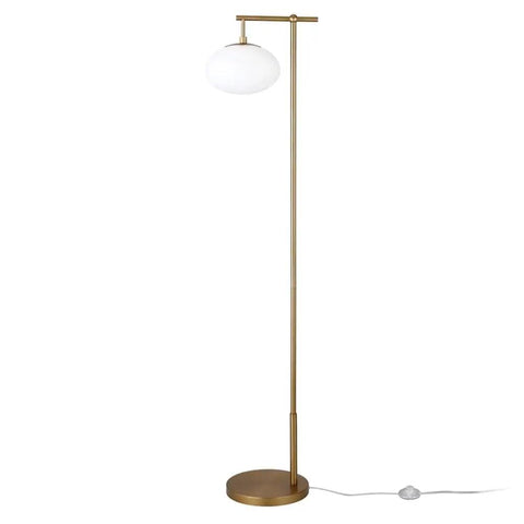 Go To 68 Inch Tall Arc Floor Lamp With Glass Shade In Brushed Brass And Milk White, Mid Century Modern Vibe, full view