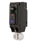 Single 15A 1-Pole Q-Line Plug-In Circuit Breaker 120/240V, side view with visible trip indicator and coiled wire, UL Listed