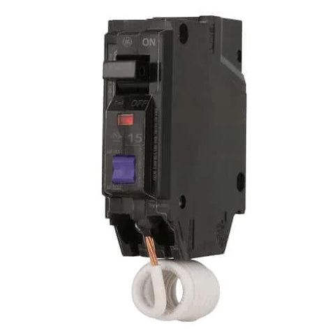 Single 15A 1-Pole Q-Line Plug-In Circuit Breaker 120/240V, side view with visible trip indicator and coiled wire, UL Listed