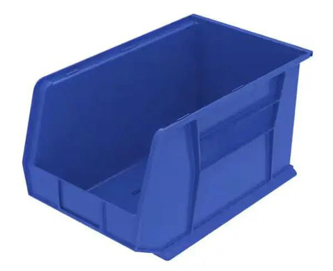 Heavy Duty Blue Plastic Stackable Storage Totes Six Pack Rock Solid Workhorse Bins With Slick Front Hopper And Secure Hanging Lip For Garage Shelves And Industrial Rail Systems