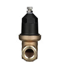Front view of 1-1/4 in NR3XL pressure reducing valve with double union FNPT, brass body and black bonnet
