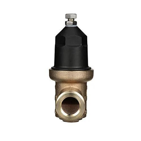 Front view of 1-1/4 in NR3XL pressure reducing valve with double union FNPT, brass body and black bonnet