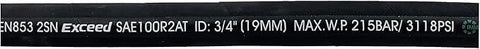 Autovo hydraulic hose, close-up view, black with white markings SAE 100R2AT and 3/4 in ID