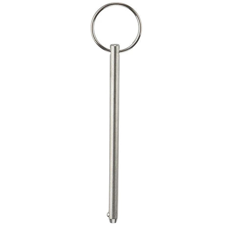 Long quick-release pin with ring, front view, 1/4 in diameter, 4-3/4 in overall, stainless steel marine hardware