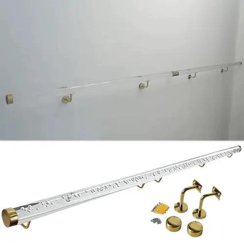 Straight Up Solid Acrylic Railing Kit With Heavy Iron Brackets For Modern Stair Safety And Deck Rails, featuring clear acrylic and gold brackets.