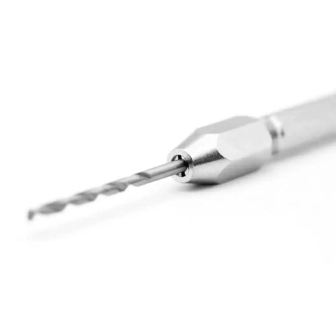 Close-up of Top Shelf Four Piece Double Ended Pin Vise Micro Drill Kit With Kickass White Steel Bits in secure hex grip.