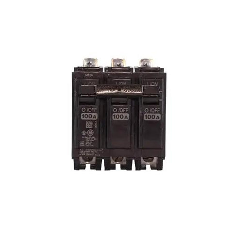 Front view of Q Line THQB320100 3 Pole Miniature Circuit Breaker 100A 120 240 VAC With Thermal Magnetic Trip And 10 kA Interrupt