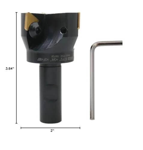 Indexable end mill with TPG32 carbide inserts, 2-inch cutting diameter, 3/4-inch straight shank; includes hex key.