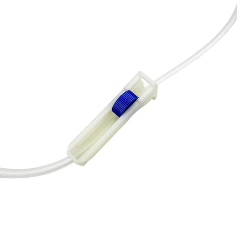 IV extension set with clear tubing and blue roller clamp for veterinary use
