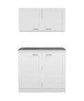 Slick White Two Piece Cabinet Set For Living Room Or Bedroom, Tall Upper Shelf And Short Lower Stand Both Include Smooth Countertops.