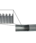 Close-up of silver 30 Ft Go-To Premium Shop Vacuum Extension Hose with 2 tank adapters and 1.25 inch curved end, ribbed design.