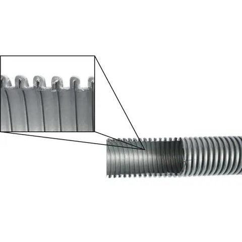 Close-up of silver 30 Ft Go-To Premium Shop Vacuum Extension Hose with 2 tank adapters and 1.25 inch curved end, ribbed design.