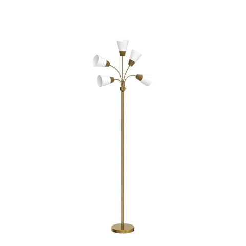 Lit Five Head LED Floor Lamp for Living Rooms and Offices Tall Standing Lamp with Interchangeable Shade 4000 Lumen Brass Finish