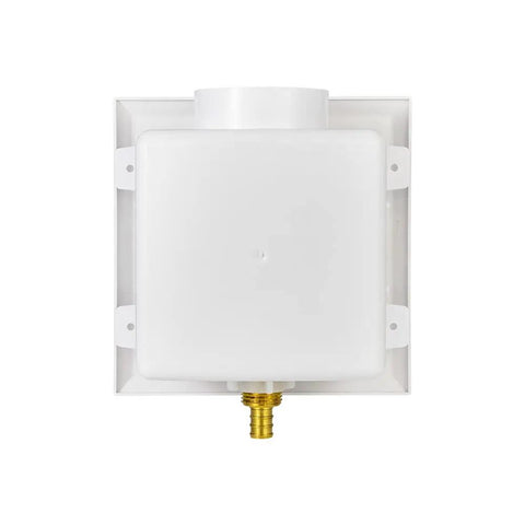 Front view of Universal Ice Maker Box With One Half Inch Pex Crimp Inlet And Installed One Quarter Turn Brass Ball Valve Snap On Faceplate