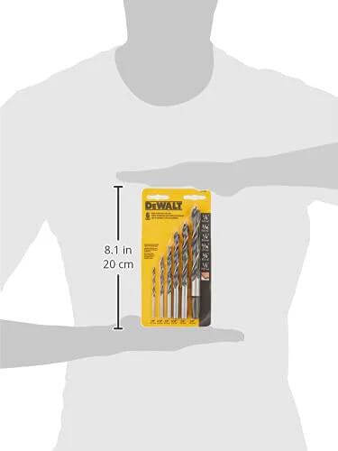 Front view of DeWalt 6-piece Brad Point drill bit set (DW1720) in yellow packaging held by hand