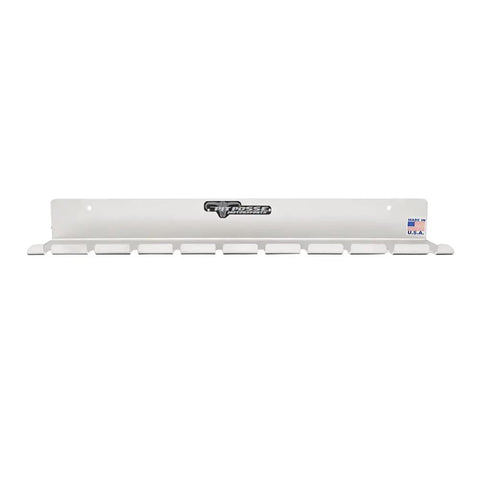 No Fuss Wall Mounted Air Tool Rack Organizer For Garage Shop Or Enclosed Trailer Holds 10 Pneumatic Wrenches And Guns With Slick Aluminum Build and Beefy USA Craftsmanship Silver, displayed on a white background.