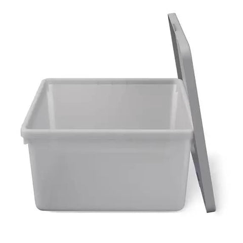 Straight Up Essential Stackable Medium Storage Bins With Secure Lids Hella Neat Gray Plastic Organizer Box For Clothes And Toys Keeps Your Whole Life On Track Today, gray plastic storage bin with lid, open view.