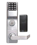 Satin Chrome Electronic Lock With Slick 12 Button Keypad And Smart Proximity Access Heavy Duty Zinc Alloy Build Top Notch Security For Exit Hardware Legit Smooth Operation Everyday, showing keypad and handle.