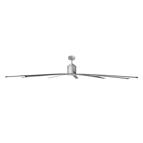 96 Inch Heavy Duty Industrial Ceiling Fan In Slick Silver With Six Speed Remote Control, featuring sleek blades and durable design.