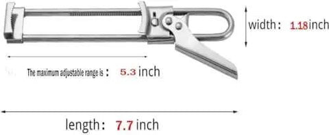 All In One Adjustable Jar And Can Opener No Fuss Stainless Steel Manual Kitchen Gadget with size dimensions for jars, cans, and lids