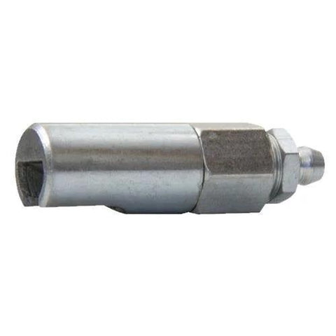 Push-on slotted right-angle grease coupler, silver metal automotive part.