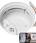 Top Shelf 4K Wi Fi Smoke Detector Camera With Integrated Home Security Alarm And 120V AC Wiring showing ceiling mount design and attached wiring.
