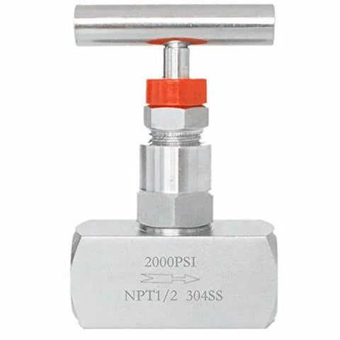 Front view of stainless steel needle valve with T-handle, 1/2'' NPT, 2000 PSI, 304SS.
