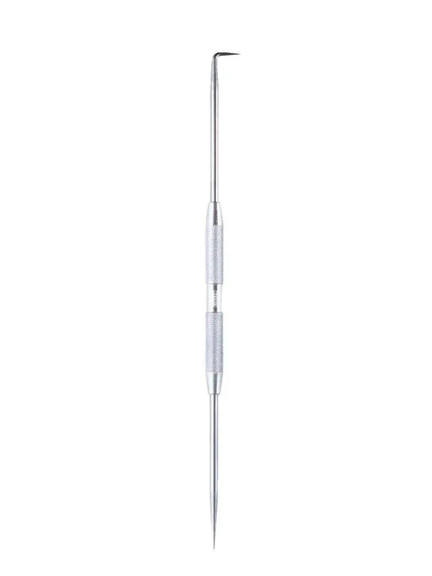 Fixed Two Point Scriber With One Straight Point And One Bent Point At Ninety Degrees Hardened Steel Tips Aluminum Knurled Grip