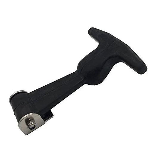 Side view of black rubber T-handle draw latch with stainless steel mounting end