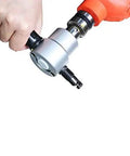 Person holding Dual Head Metal Cutting Nibbler Beast Saw Cutter Tool Drill Attachment for Sheet Metal with 360 Degree Adjustable Head