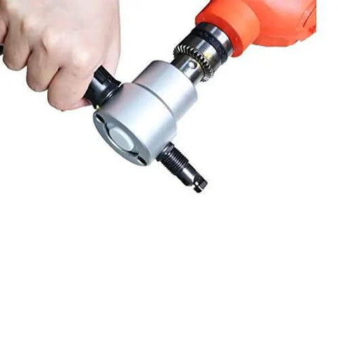 Person holding Dual Head Metal Cutting Nibbler Beast Saw Cutter Tool Drill Attachment for Sheet Metal with 360 Degree Adjustable Head